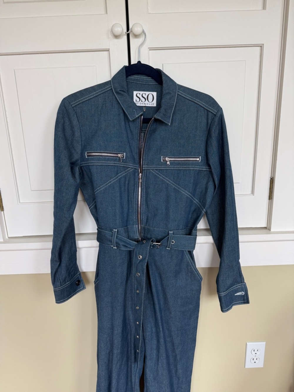 WeWoreWhat Dark Blue Denim Jumpsuit with Belt
